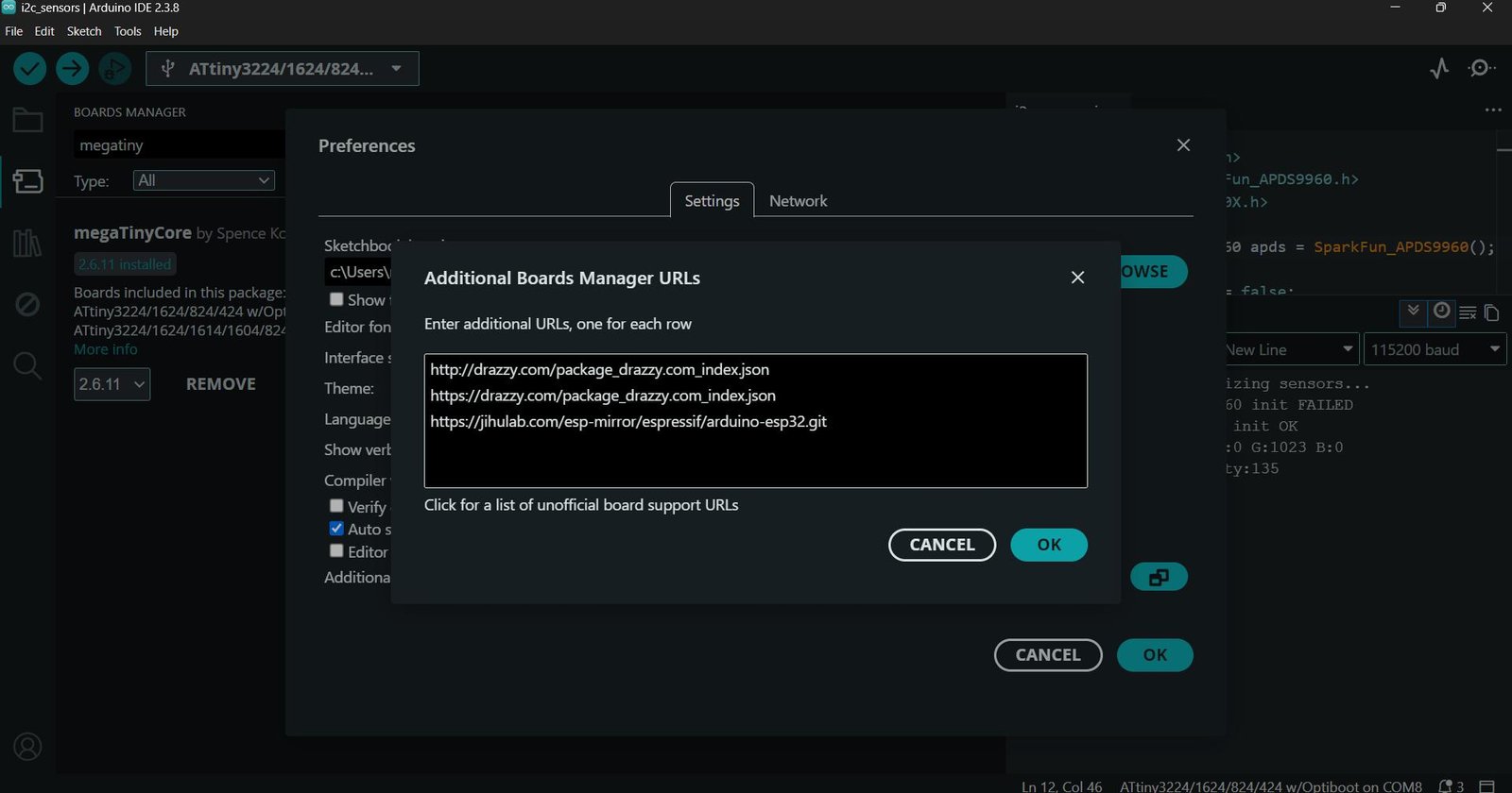 Adding the megaTinyCore board URL under Additional Boards Manager URLs
