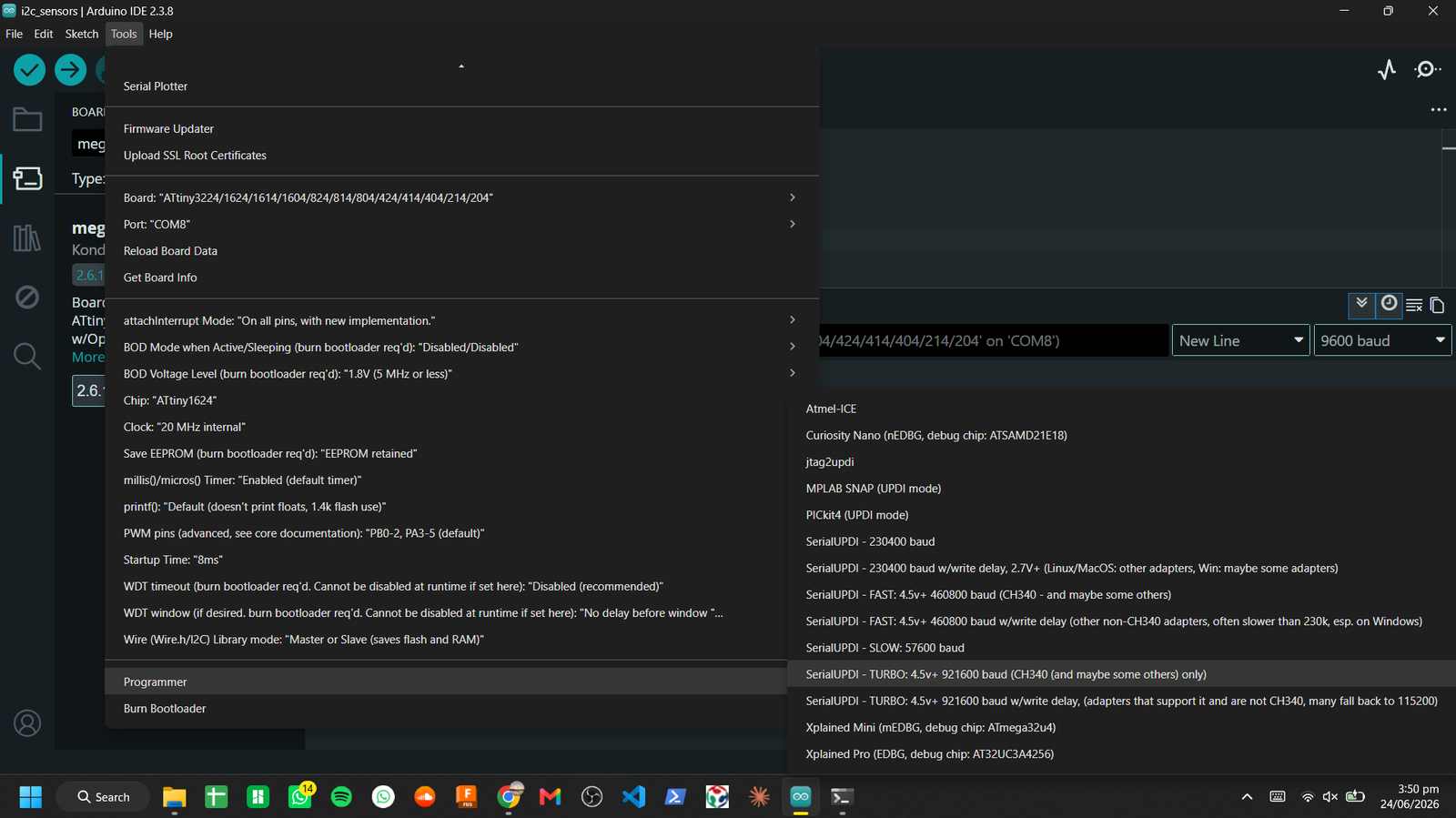 Arduino IDE Tools menu with programmer and serial settings