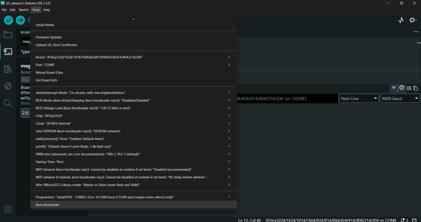 Burn Bootloader option in the Tools menu