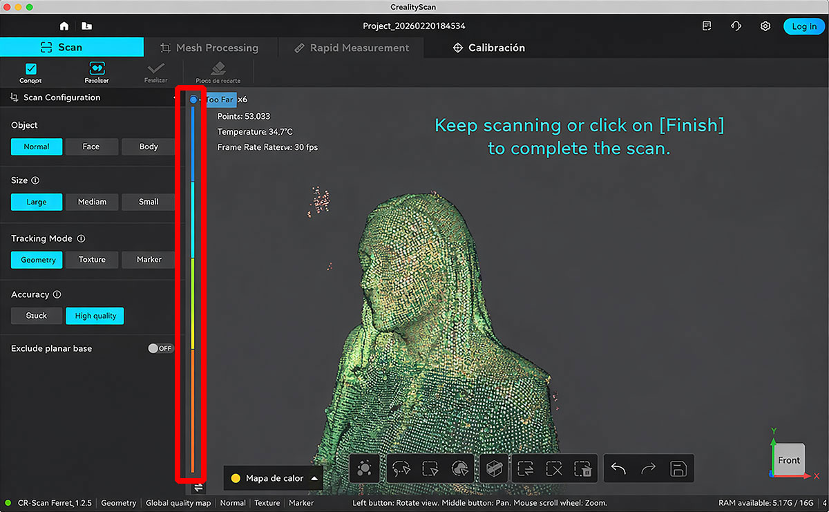 Visual feedback scan, and scanning distance bar