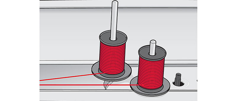 Auxiliary spool pin and main spool pin in vertical position
