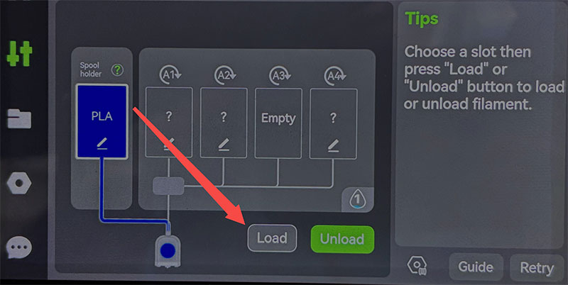 Load filament, screen button