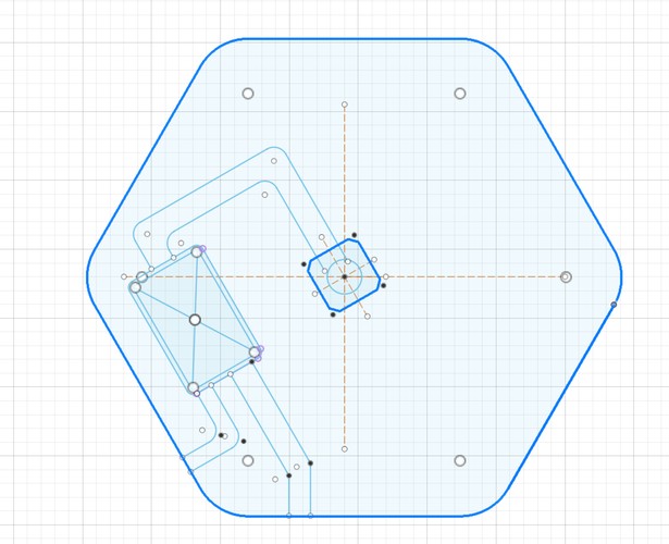 Fusion sketch of the hexagon base with the component footprints laid out around the centre.
