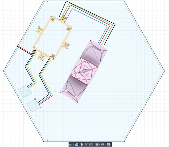 Fusion top view of the hexagon base with coloured cable paths traced around the motor and board bodies.