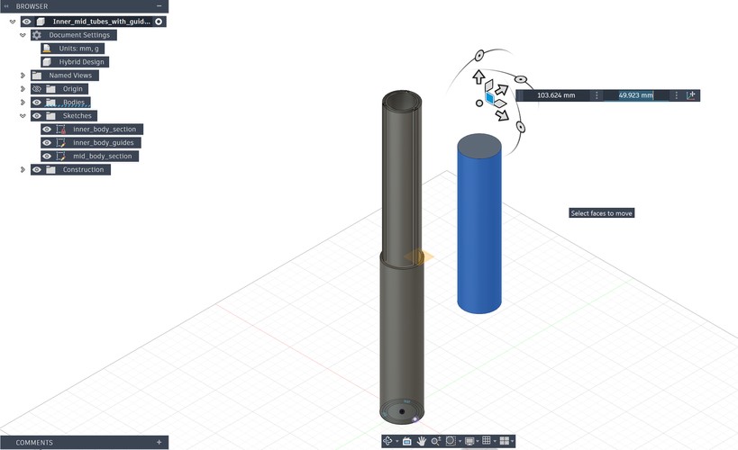 Fusion 3D view of the inner body as a tall tube with an internal guide channel, next to a solid cylinder used for reference.