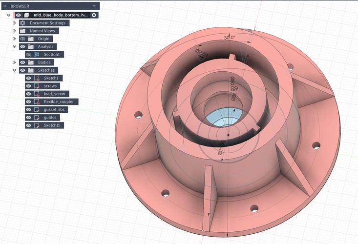 Fusion 3D section of the mid body bottom housing: concentric walls, gusset ribs, guide grooves, and a flanged skirt with screw holes.