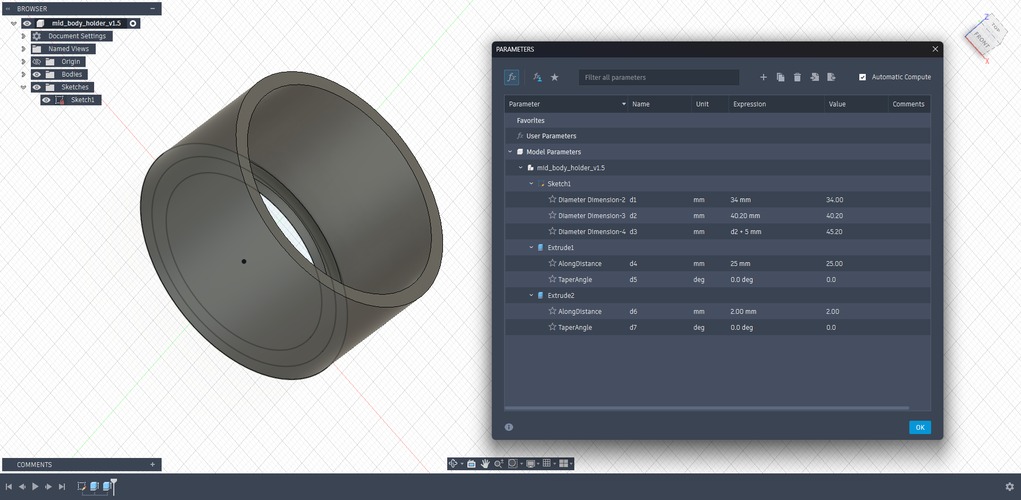 Fusion 360 with the Parameters table open over a printed holder model: diameters and depths defined as expressions, with d3 set to d2 + 5 mm.