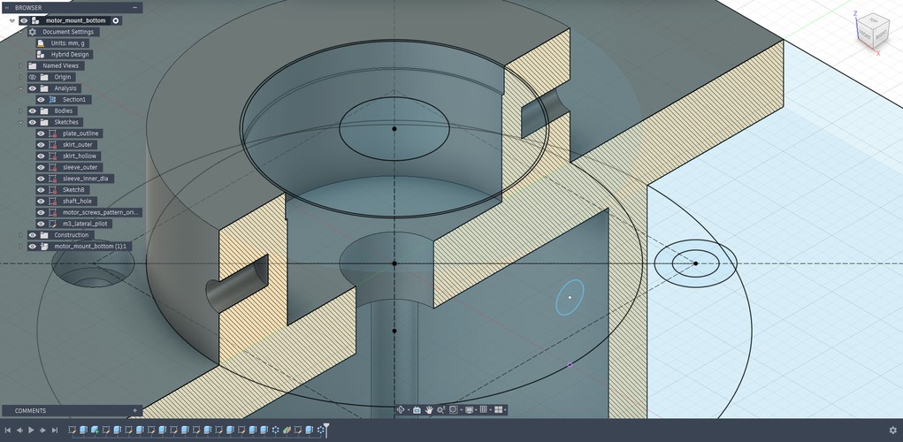 Section view in Fusion 360 of the motor mount, with every sketch named in the browser: plate_outline, skirt_outer, sleeve_outer, shaft_hole, motor_screws_pattern and m3_lateral_pilot.