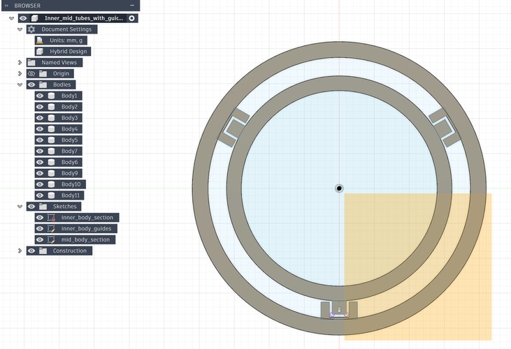 Fusion top-view section of the inner and mid bodies as two concentric rings, with guide features at three positions around the wall.