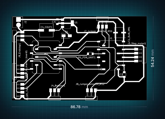 KiCad board outline rendered in white on black with overall dimensions marked, 86.78 mm wide by 54.24 mm tall.