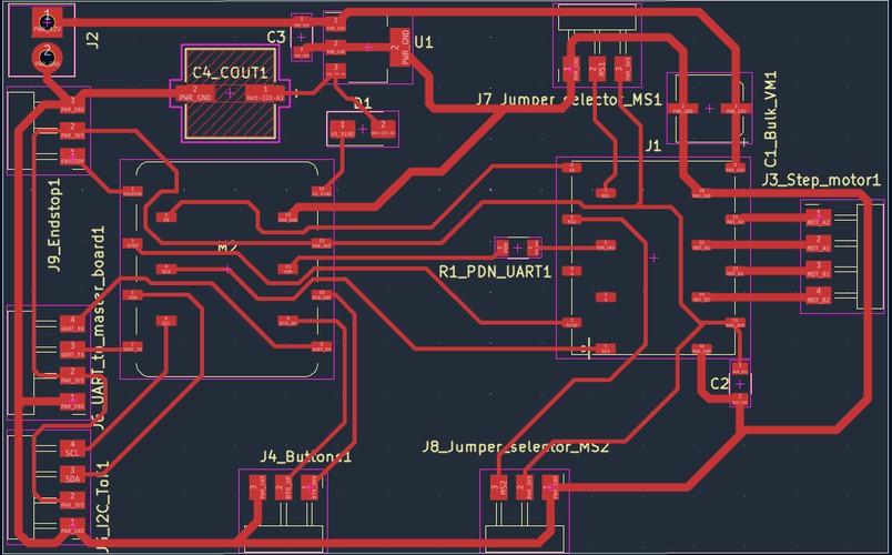 Full single-sided KiCad PCB layout in red, showing the XIAO socket, the staggered TMC2209 footprint, the LM2940 power stage and the connectors, with no trace crossing another.