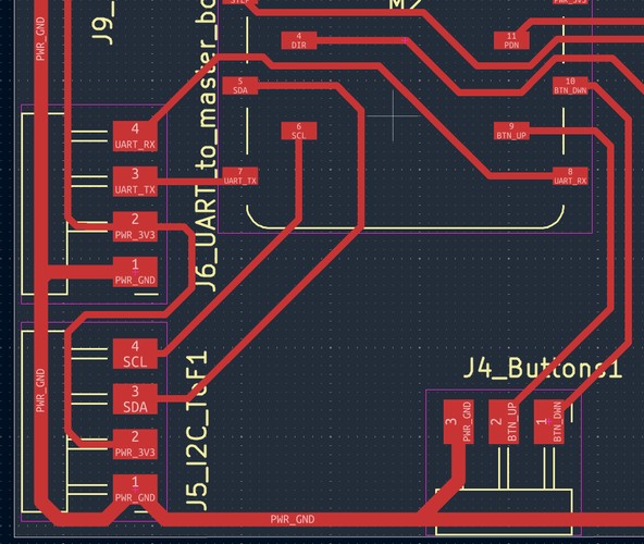 Close-up of the KiCad routing around the UART, I2C and button headers, with pin labels visible and traces passing between staggered pads.