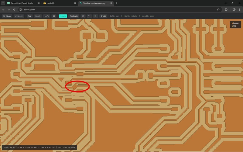 mods CE stock simulation of the milled traces, with a red ellipse circling a spot where two adjacent traces are left joined by uncut copper.