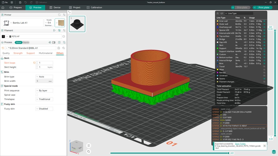 OrcaSlicer preview of a printed part on a Bambu Lab A1 plate, sliced in PETG HF with supports underneath and a brim, total time about four and a half hours.