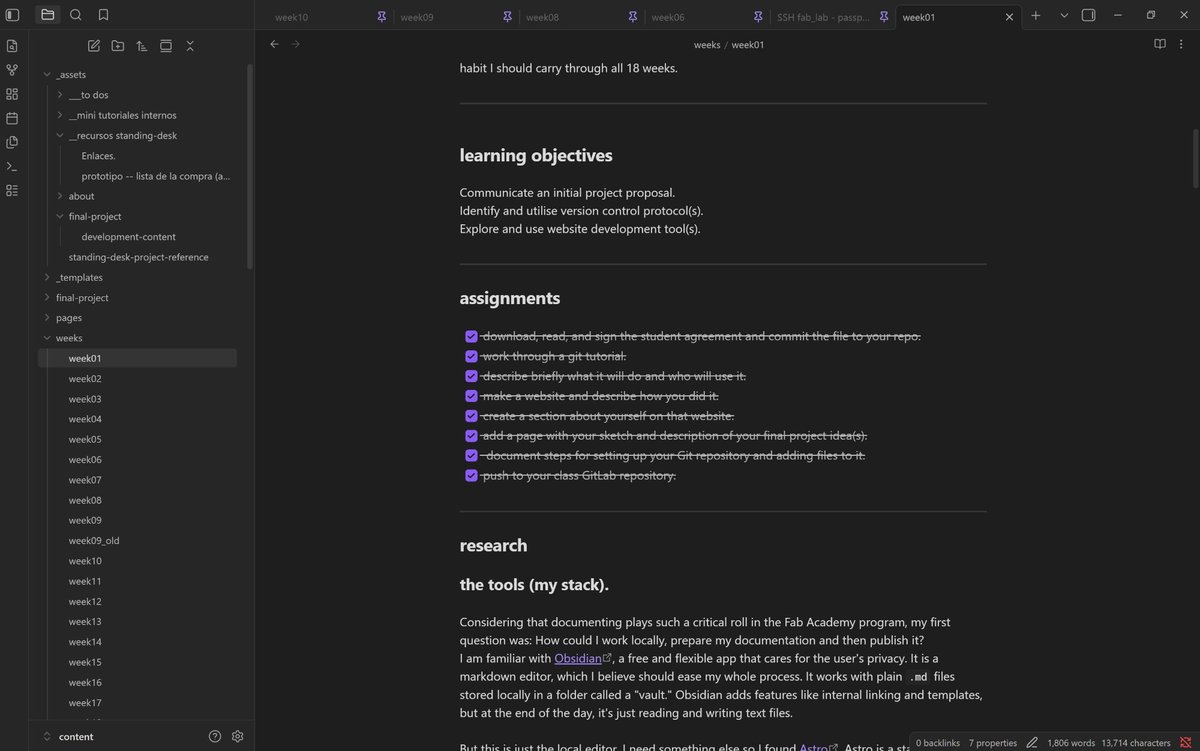 Obsidian vault open with week01.md