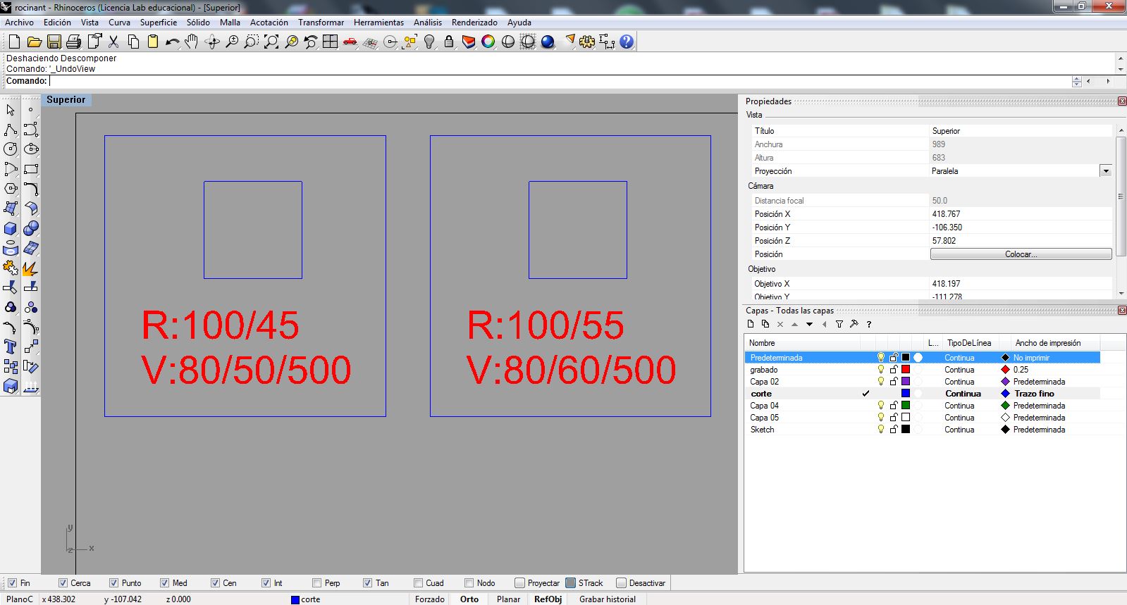 Rhinoceros sketch of two 100 mm calibration squares with their cut parameters, used to measure the kerf.