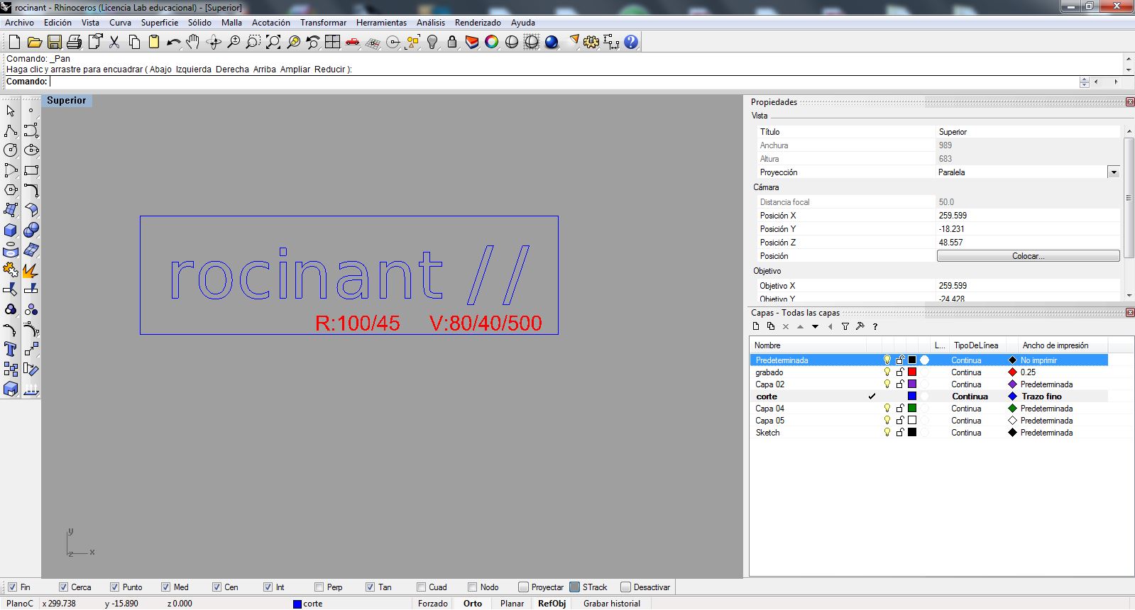The rocinant // logo in Rhinoceros on the cut and engrave layers with the laser parameters annotated.