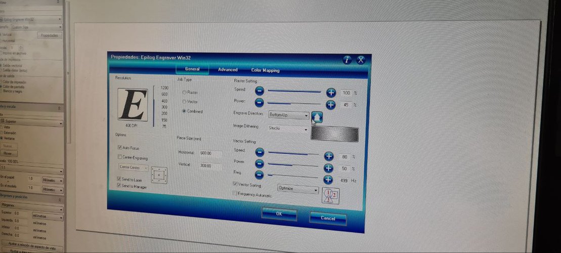 Epilog Engraver Win32 driver dialog showing raster speed 100 power 45 and vector speed 80 power 50 frequency 499 Hz.
