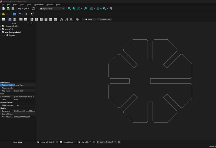 The exported star-v3.0.dxf opened in FreeCAD, showing only the clean star outline with no construction geometry.