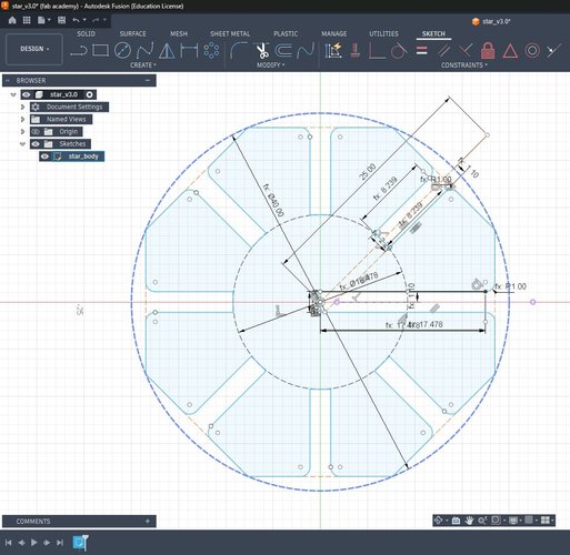 Finished Fusion 360 parametric sketch of the octagon-based press-fit piece with the slots laid out by a circular pattern.