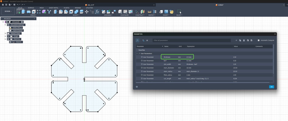 Fusion 360 with the fully constrained star sketch and the Parameters dialog showing thickness 2.3 mm and slot_width 2.2 mm.