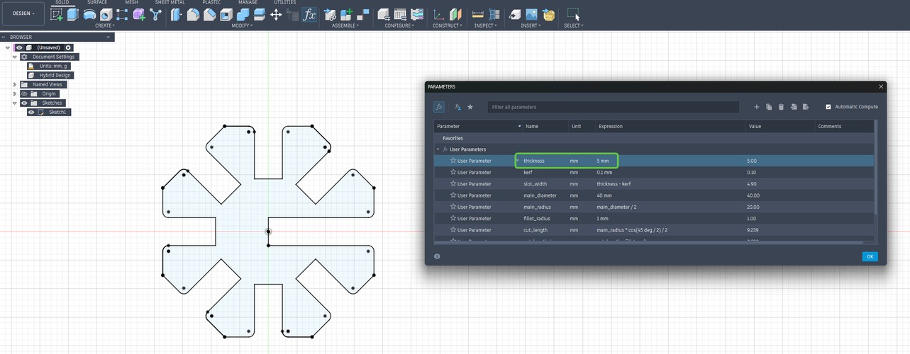 The same Fusion 360 star sketch after changing only thickness to 5 mm; slot_width recomputes to 4.9 mm and all eight slots widen while the part stays symmetric.