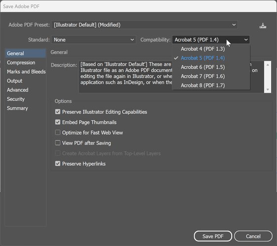 Adobe Illustrator Save PDF dialog set to Acrobat 5 (PDF 1.4) compatibility for the logo.
