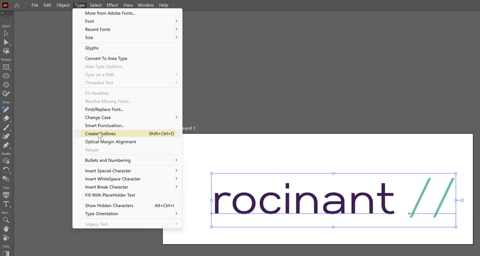 Adobe Illustrator with the rocinant // text selected and Type, Create Outlines highlighted in the menu.