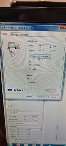 Roland GX-24 driver properties window with Get from Machine returning a 151.8 by 101.8 mm cutting area.