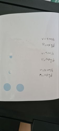 Test sheet comparing vinyl cuts at 5, 9 and 14 cm/s with the force fixed at 110 gf, annotated by hand.