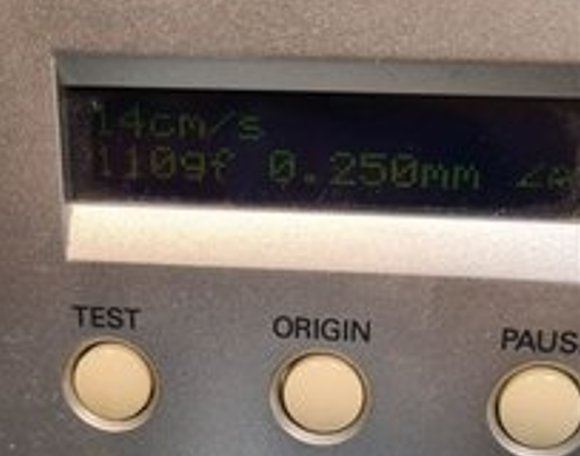 Roland GX-24 LCD reading the cutting settings: 14 cm/s, 110 gf and 0.25 mm offset.