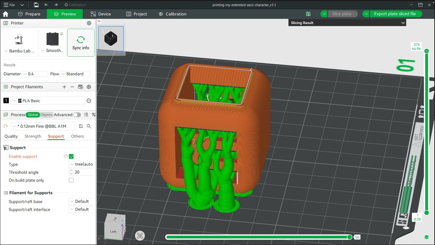 Bambu Studio preview showing the cube tilted on its side with tree supports in green.