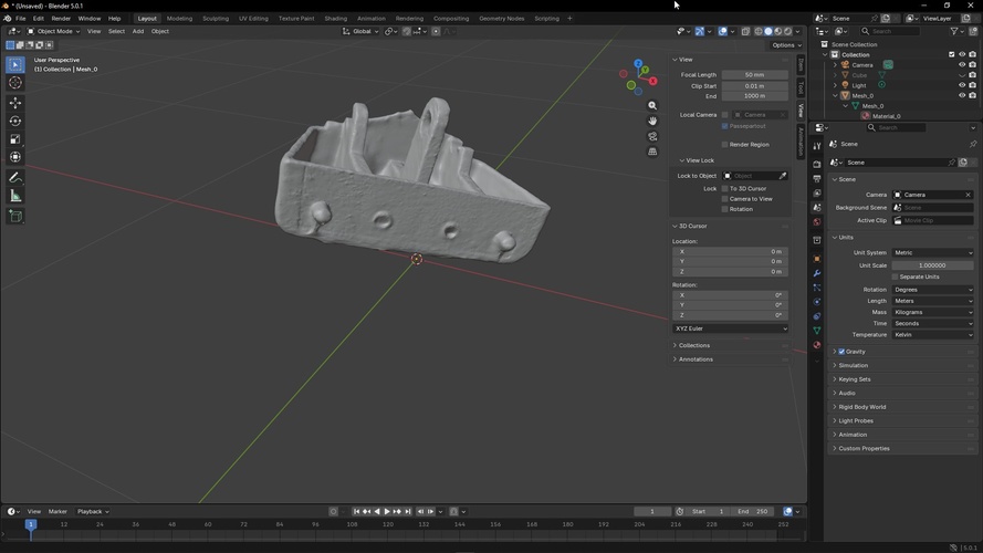 Blender viewport showing the imported .glb mesh with scene properties panel visible.