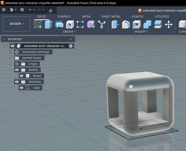 Hollow cube after Shell command, visible through top and side openings.
