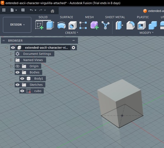 Solid cube in Fusion 360, single Body1 in the browser.