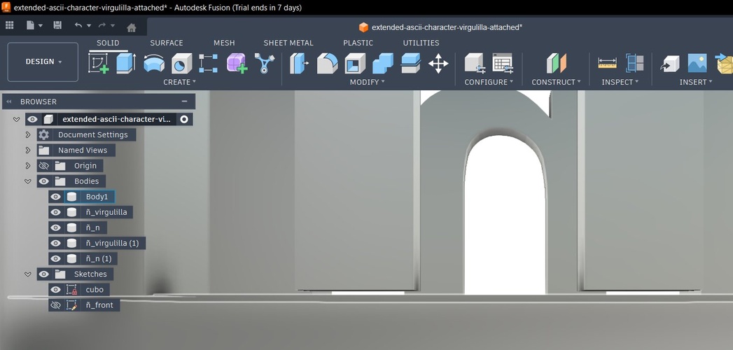 Final Fusion model showing the cube with both ñ letters visible, browser showing all bodies.