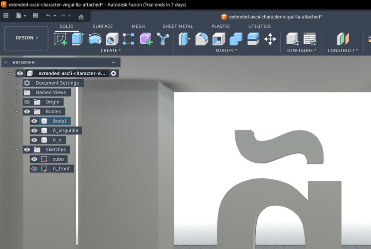 Close-up of the ñ letter inside the cube showing virgulilla and n body as separate bodies.
