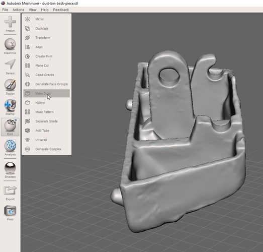 Meshmixer Edit menu with Make Solid highlighted, showing the scanned mesh.