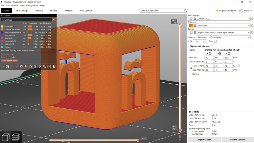 PrusaSlicer preview showing the cube sliced with blue overhang areas highlighted.