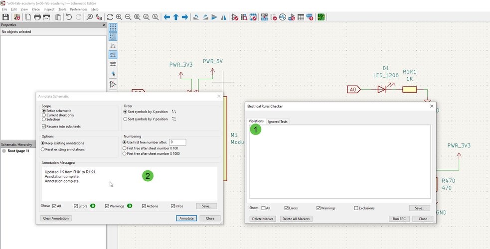 KiCad showing both the Annotate Schematic dialog with the message Updated 1K from R1K to R1K1 and the ERC window showing zero violations.