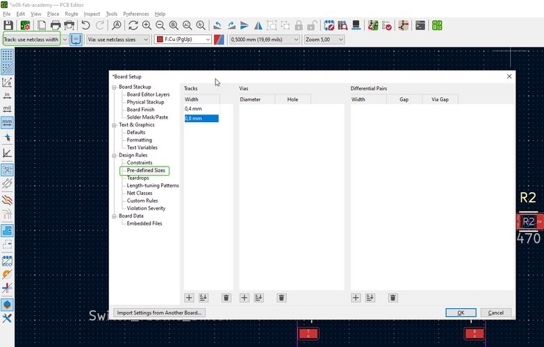 KiCad Board Setup dialog showing Pre-defined Sizes with track widths 0.4 mm and 0.8 mm configured.