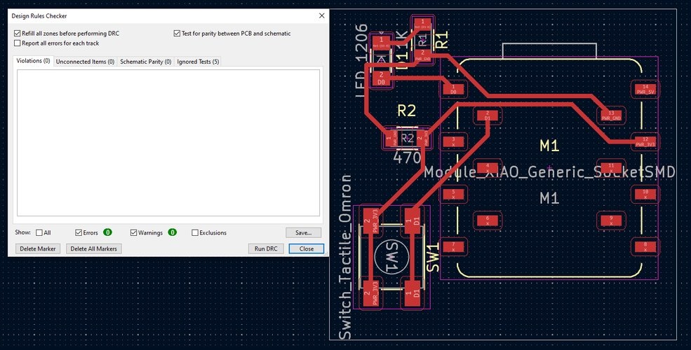 KiCad DRC result showing 0 violations, 0 unconnected items, 0 schematic parity errors. The routed PCB layout is visible behind the dialog.