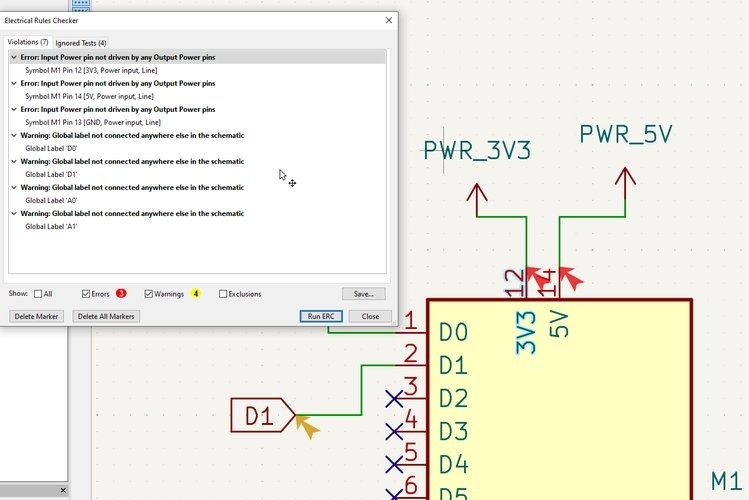 KiCad ERC showing 7 violations: 3 errors for undriven power input pins on 3V3, 5V, and GND, plus 4 warnings for unconnected global labels.