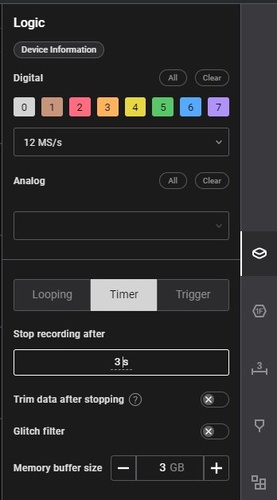 Logic 2 device settings panel showing 12 MS/s sample rate, Timer mode set to 3 seconds, and Glitch filter enabled.