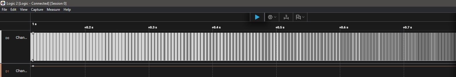 Logic 2 overview of the full 3-second capture on channel D0, showing hundreds of PWM pulses with visibly varying width across the timeline.