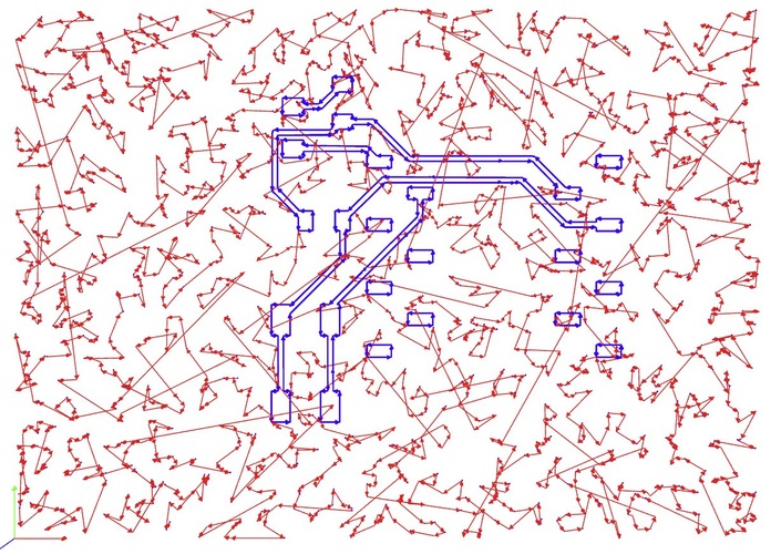 mods toolpath preview showing hundreds of spurious red movements scattered across the canvas, with the actual PCB traces highlighted in blue at the centre.