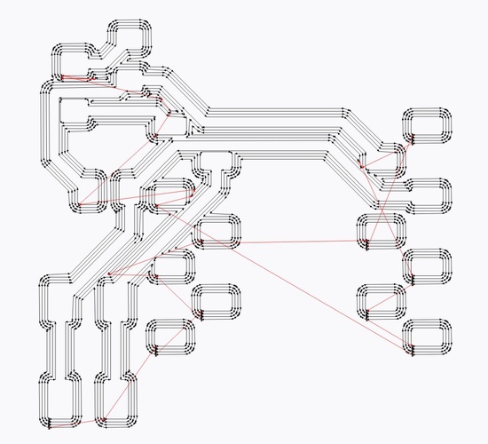 mods mill raster 2D toolpath preview in Firefox, showing clean concentric offset paths around all PCB features with no spurious movements.