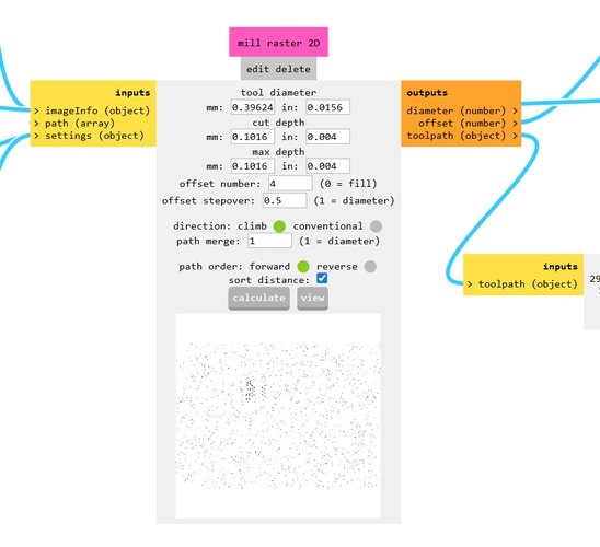 mods mill raster 2D module showing calculated toolpath preview with red dots representing the cutting path.