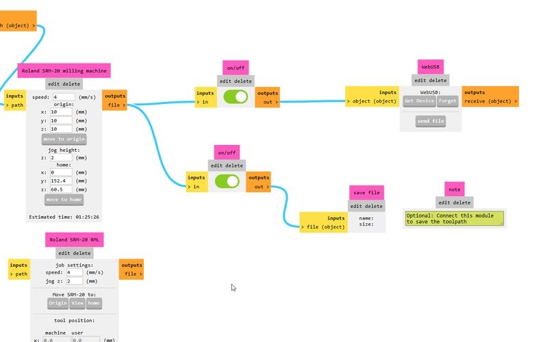 mods Project output section showing the Roland MDX-20 module, two on/off switches, WebUSB module, and save file module.