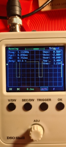 DSO Shell screen showing a rectangular PWM waveform at 1.112 kHz with Vpp 3.40 V and duty cycle 83.6%.
